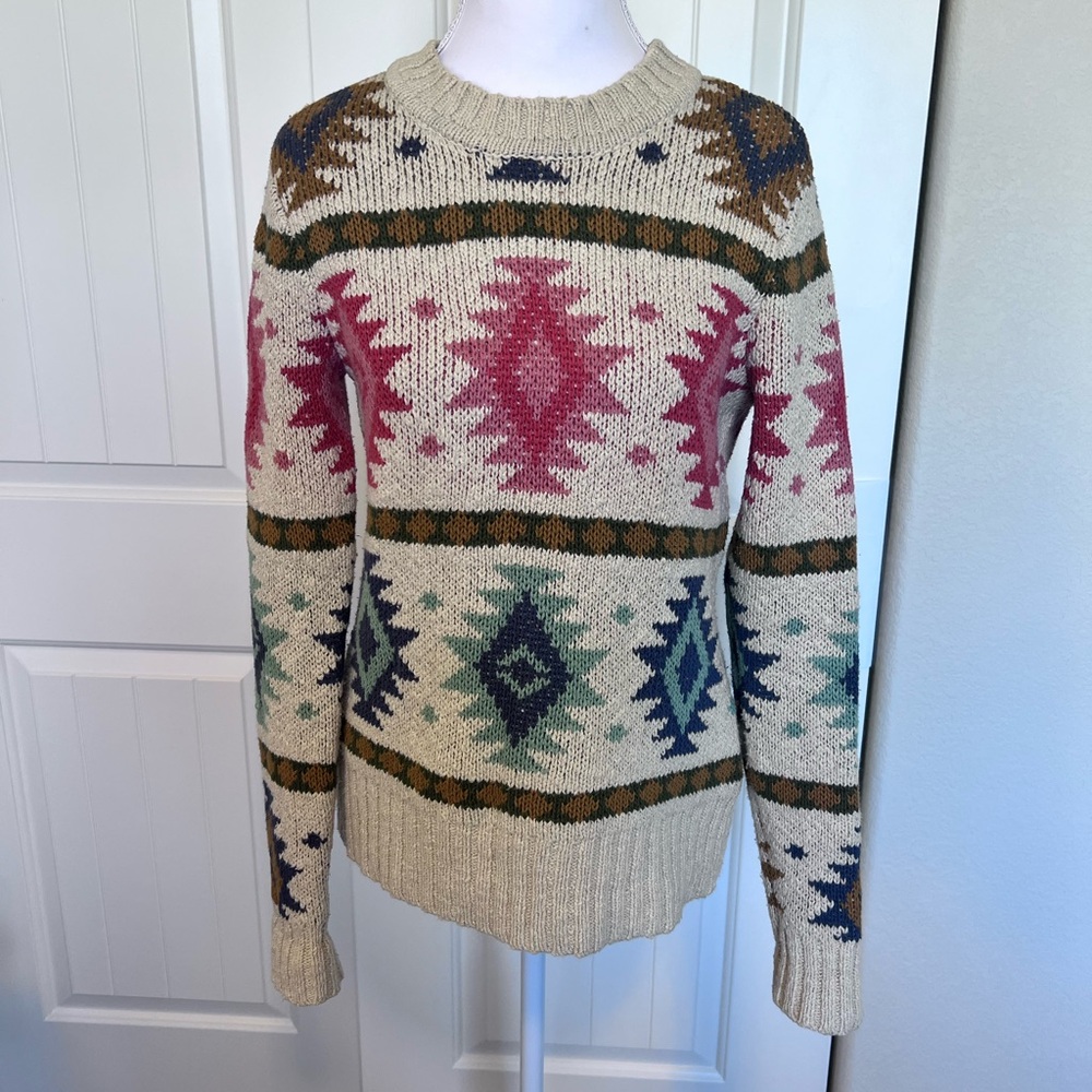 L.L. Bean Signature Southwest Geometric Pattern Sweater Beige Thick Cotton XS